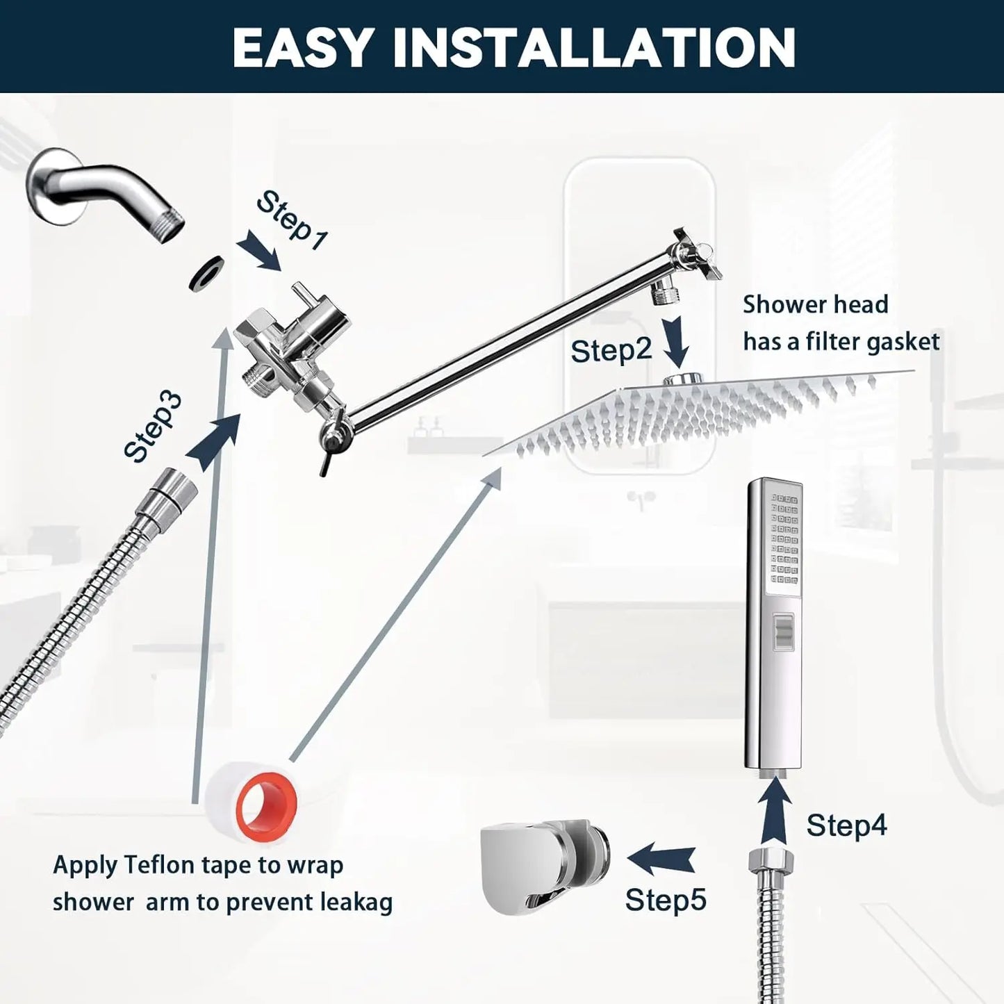 8-Inch High-Pressure Shower Head Combo Handheld Spray Combo with Adjustable Angle with Flow Regulator 60-Inch Long Hose
