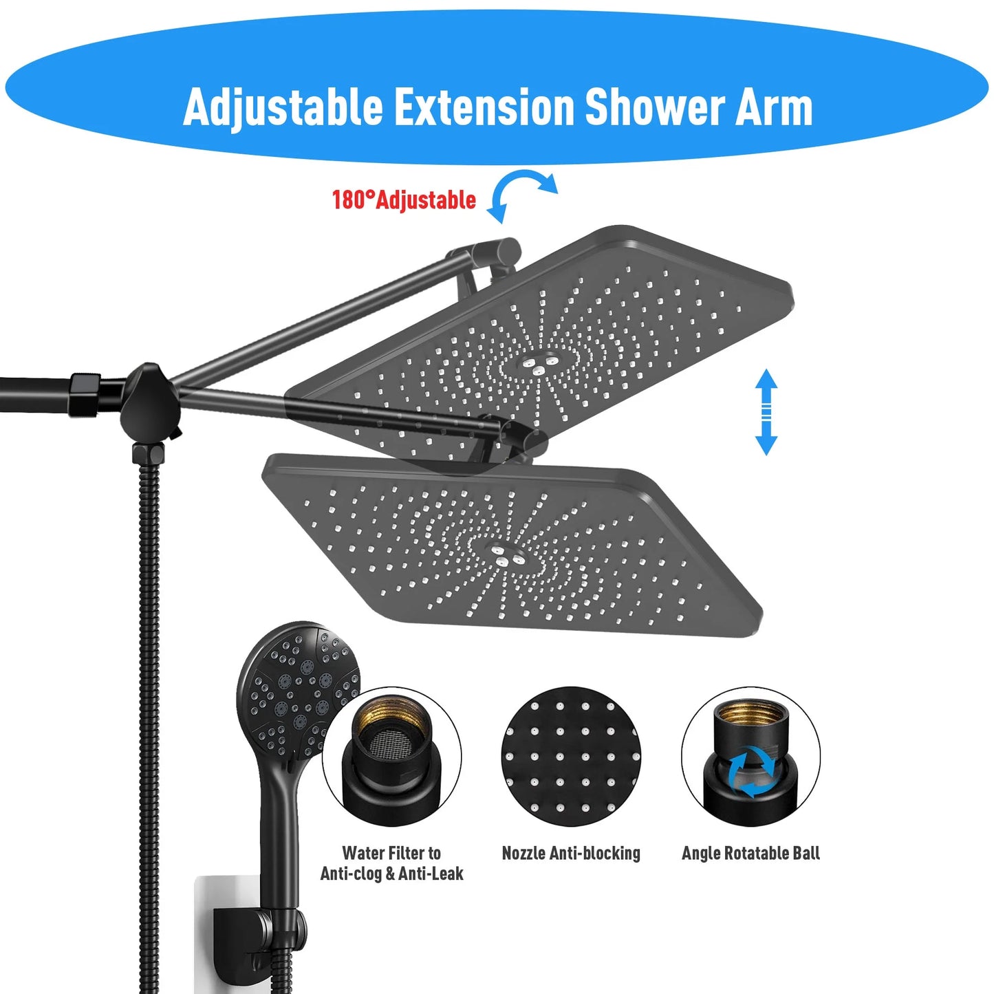 5-Setting High Pressure Shower Head 12 Inch Rain Shower Head with Handheld and Hose