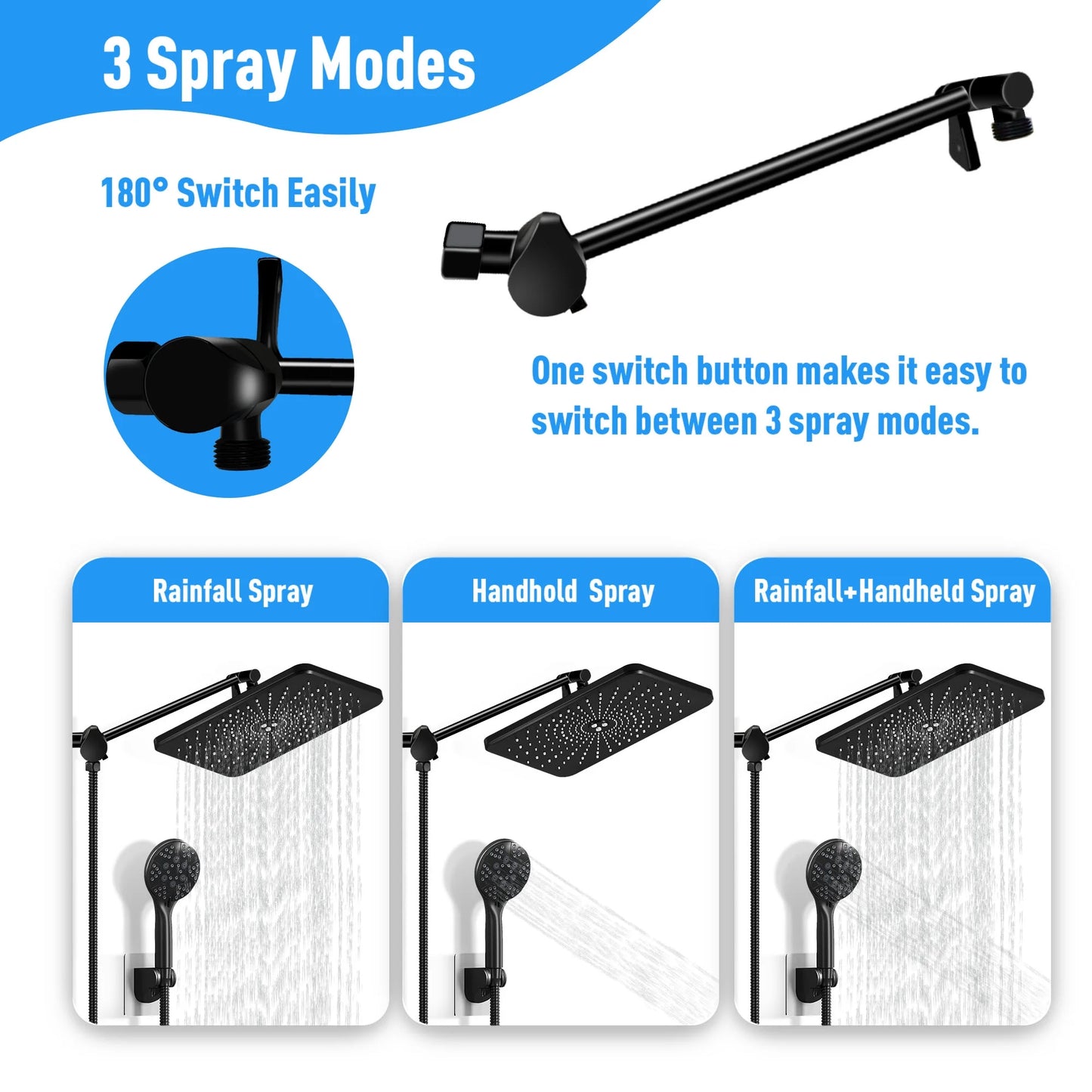 5-Setting High Pressure Shower Head 12 Inch Rain Shower Head with Handheld and Hose
