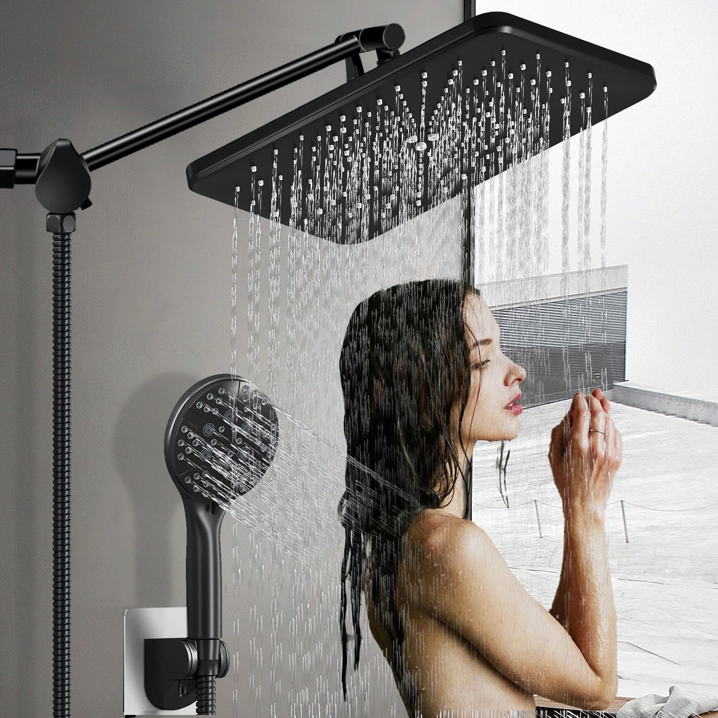 5-Setting High Pressure Shower Head 12 Inch Rain Shower Head with Handheld and Hose
