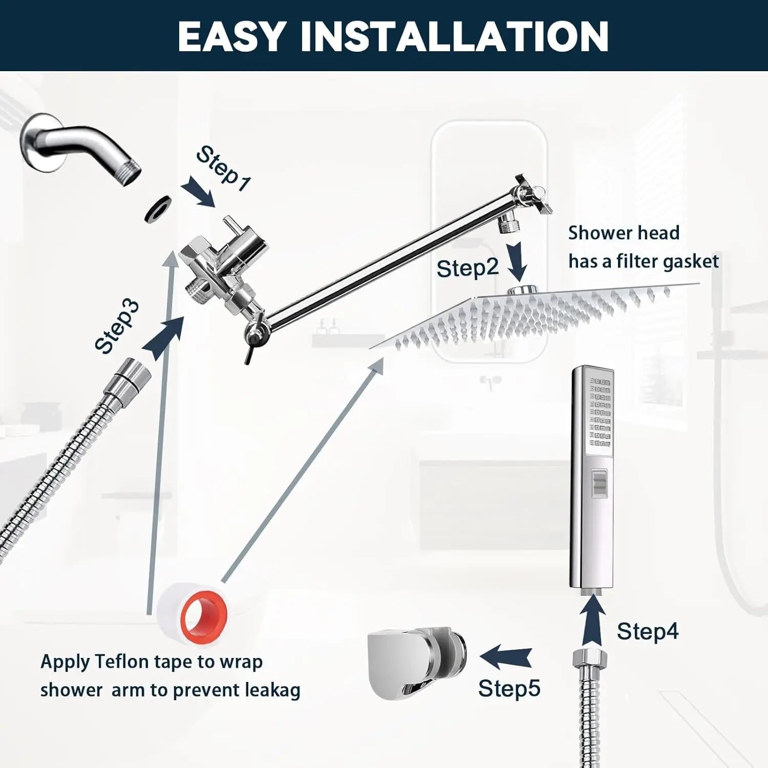 8-Inch High-Pressure Shower Head Combo Handheld Spray Combo with Adjustable Angle with Flow Regulator 60-Inch Long Hose