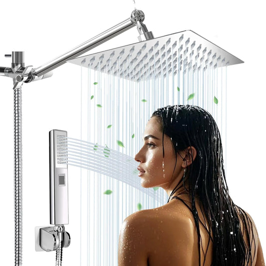 8-Inch High-Pressure Shower Head Combo Handheld Spray Combo with Adjustable Angle with Flow Regulator 60-Inch Long Hose