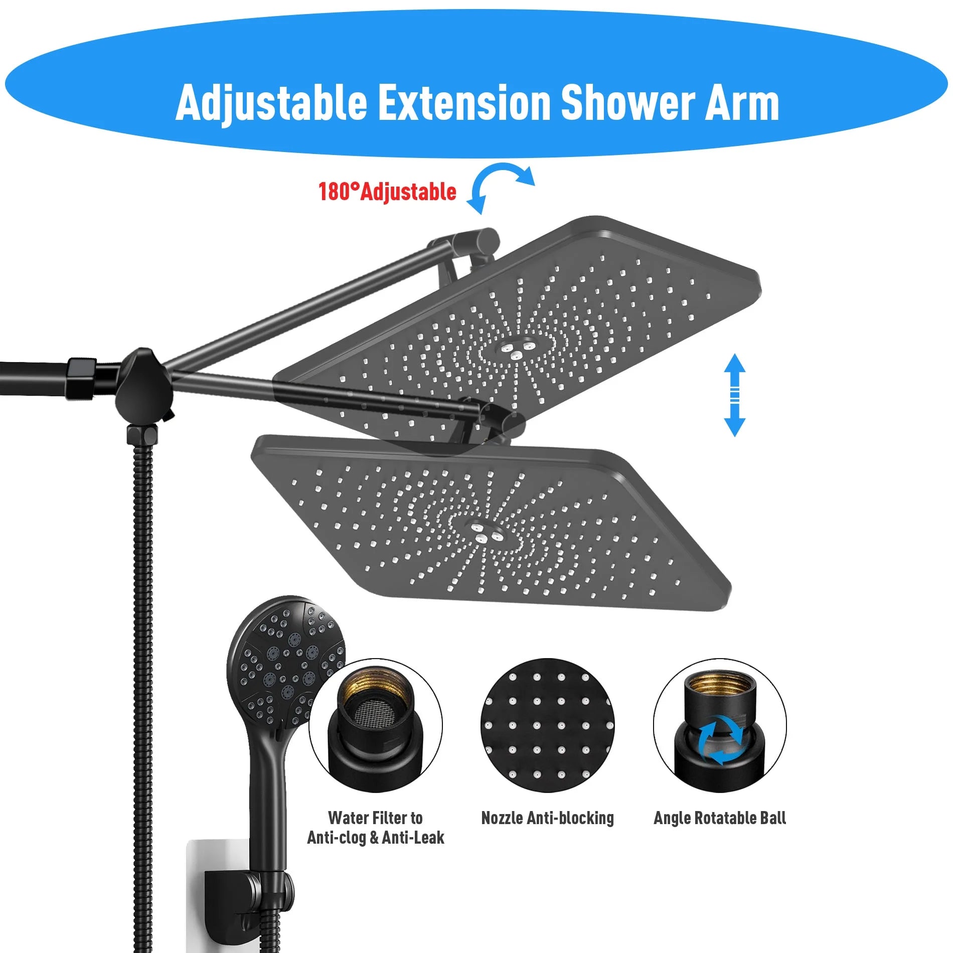 5-Setting High Pressure Shower Head 12 Inch Rain Shower Head with Handheld and Hose